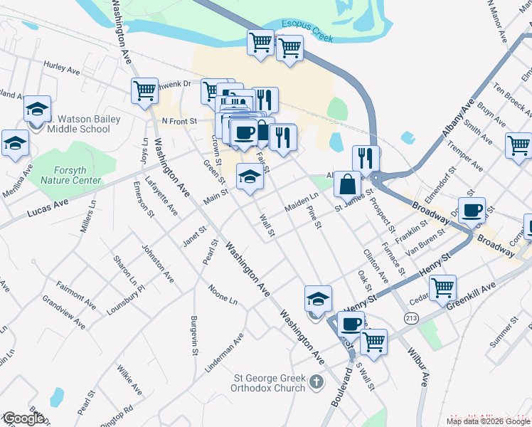 map of restaurants, bars, coffee shops, grocery stores, and more near 203 Fair Street in Kingston