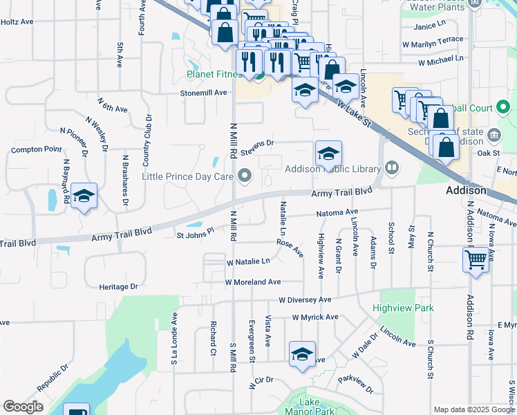 map of restaurants, bars, coffee shops, grocery stores, and more near 210 Memory Lane in Addison