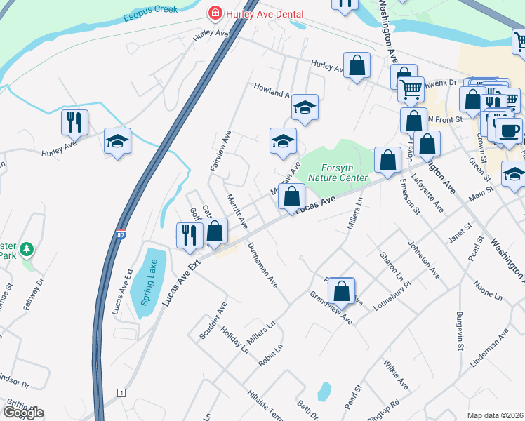 map of restaurants, bars, coffee shops, grocery stores, and more near 20 Boulder Avenue in Kingston