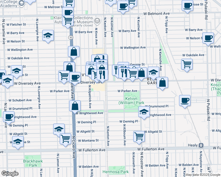map of restaurants, bars, coffee shops, grocery stores, and more near 4546 West Parker Avenue in Chicago