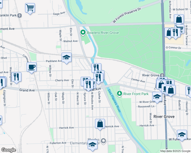map of restaurants, bars, coffee shops, grocery stores, and more near 2810 River Road in River Grove