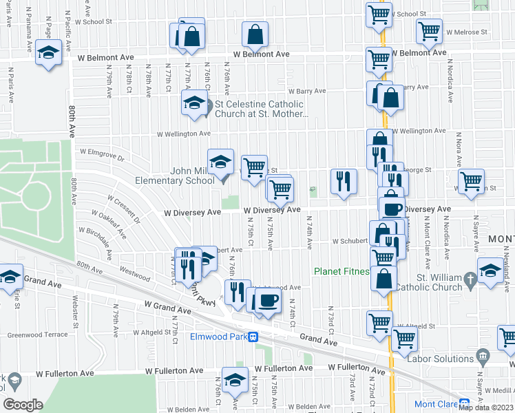 map of restaurants, bars, coffee shops, grocery stores, and more near 7514 West Diversey Avenue in Elmwood Park