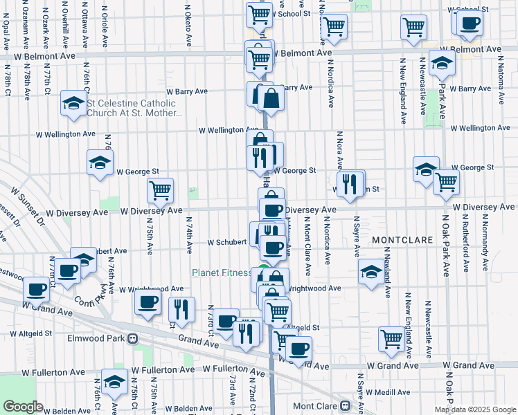 map of restaurants, bars, coffee shops, grocery stores, and more near 7210 West Diversey Avenue in Elmwood Park