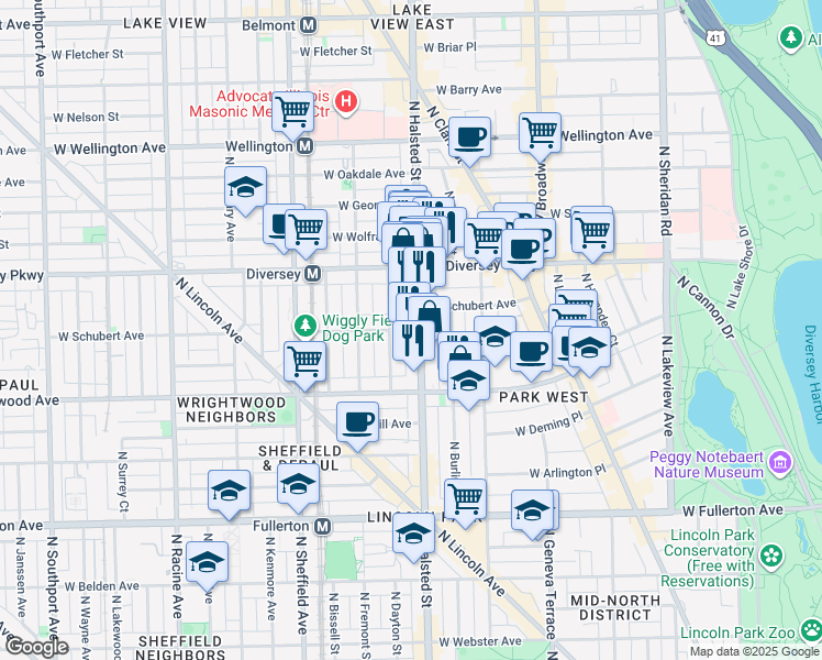 map of restaurants, bars, coffee shops, grocery stores, and more near 2660 North Halsted Street in Chicago