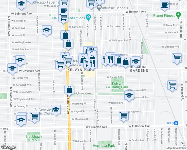 map of restaurants, bars, coffee shops, grocery stores, and more near 2740 N Kenton Ave in Chicago