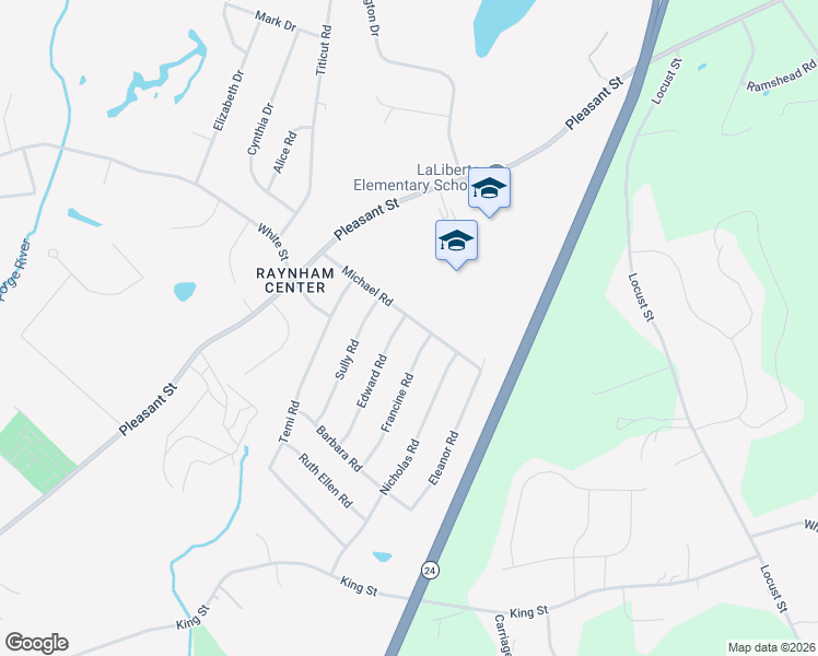 map of restaurants, bars, coffee shops, grocery stores, and more near 121 Michael Road in Raynham