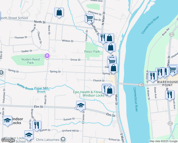 map of restaurants, bars, coffee shops, grocery stores, and more near 71 Spring Street in Windsor Locks