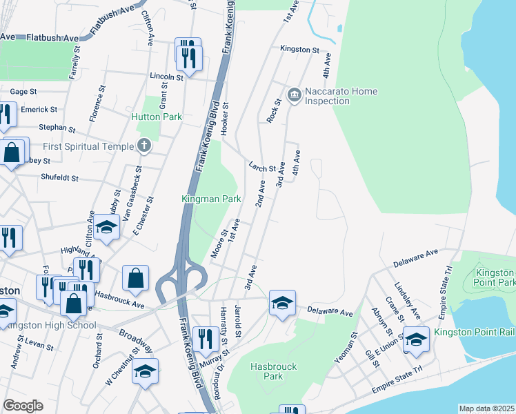 map of restaurants, bars, coffee shops, grocery stores, and more near 135 2nd Avenue in Kingston
