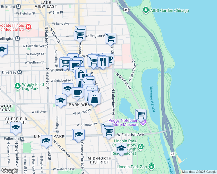 map of restaurants, bars, coffee shops, grocery stores, and more near 2700 North Pine Grove Avenue in Chicago