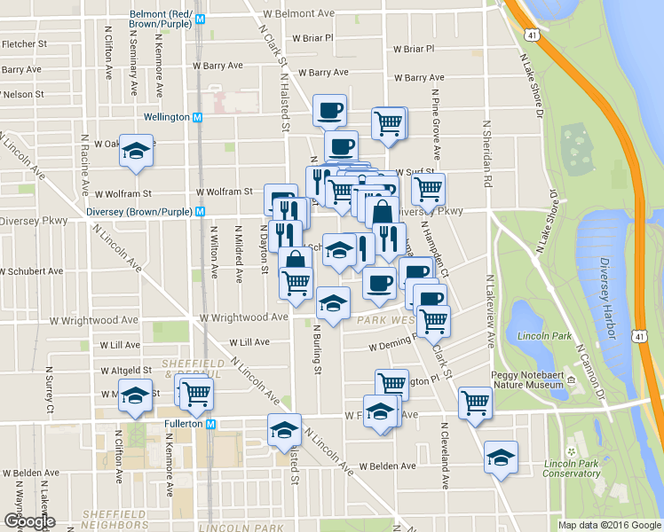 map of restaurants, bars, coffee shops, grocery stores, and more near 2671 North Orchard Street in Chicago