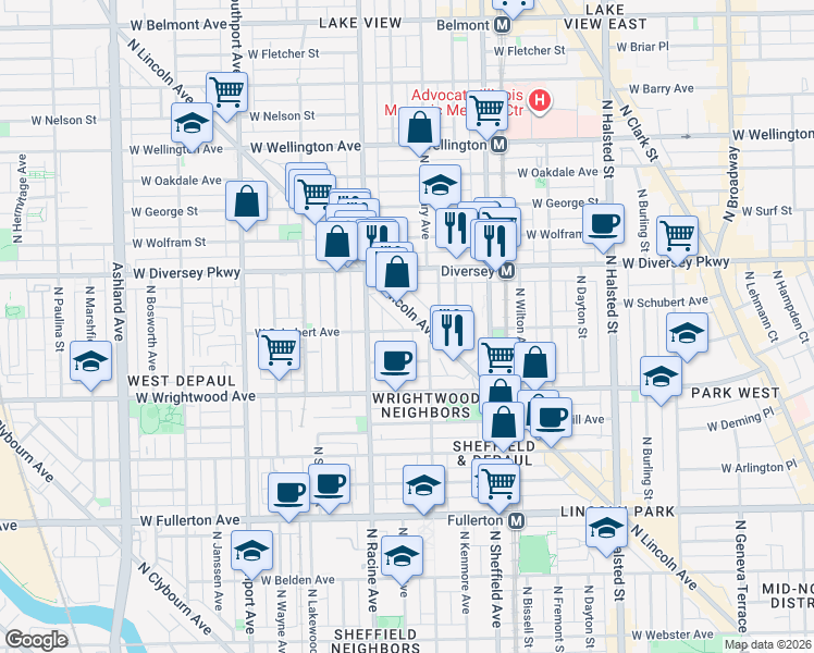 map of restaurants, bars, coffee shops, grocery stores, and more near 2710 North Lincoln Avenue in Chicago