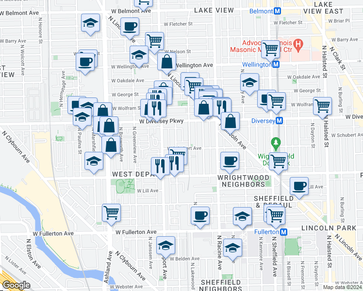 map of restaurants, bars, coffee shops, grocery stores, and more near 1304 West Schubert Avenue in Chicago