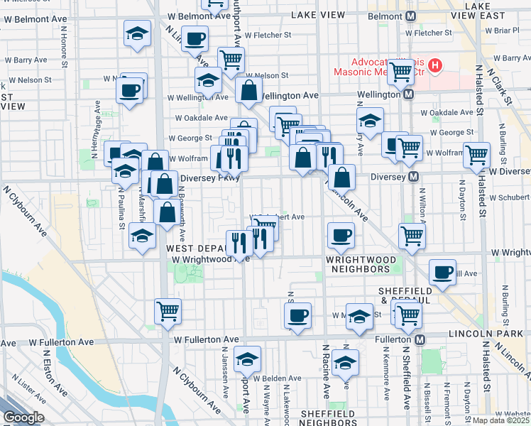 map of restaurants, bars, coffee shops, grocery stores, and more near 1304 West Schubert Avenue in Chicago