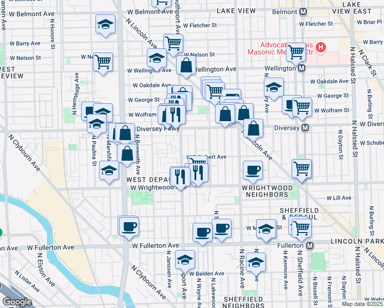 map of restaurants, bars, coffee shops, grocery stores, and more near 2709 North Southport Avenue in Chicago