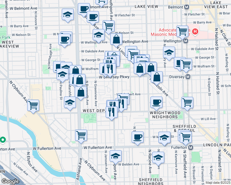 map of restaurants, bars, coffee shops, grocery stores, and more near 2709 North Southport Avenue in Chicago