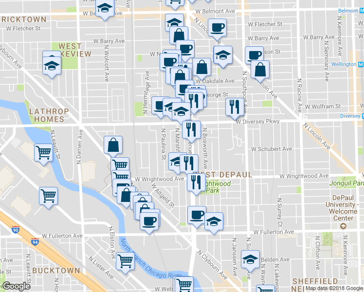 map of restaurants, bars, coffee shops, grocery stores, and more near 2713 North Marshfield Avenue in Chicago