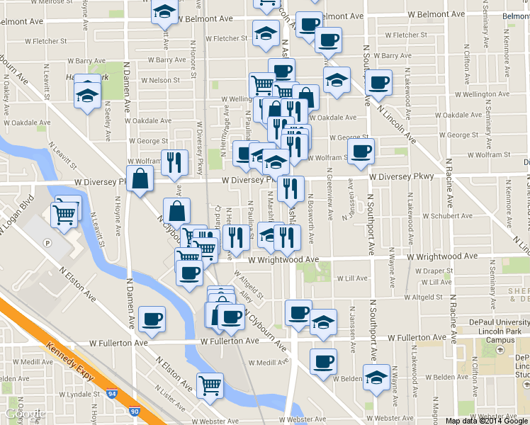 map of restaurants, bars, coffee shops, grocery stores, and more near 2719 North Paulina Street in Chicago