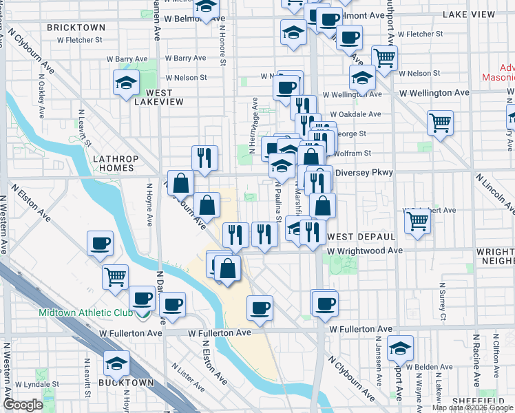 map of restaurants, bars, coffee shops, grocery stores, and more near 1725 West Schubert Avenue in Chicago
