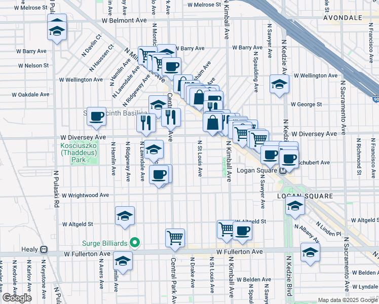 map of restaurants, bars, coffee shops, grocery stores, and more near 2727 North Drake Avenue in Chicago