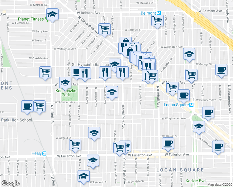 map of restaurants, bars, coffee shops, grocery stores, and more near 2728 North Monticello Avenue in Chicago