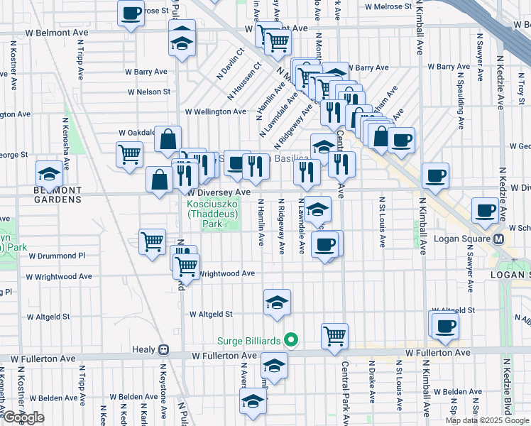 map of restaurants, bars, coffee shops, grocery stores, and more near 2727 North Hamlin Avenue in Chicago