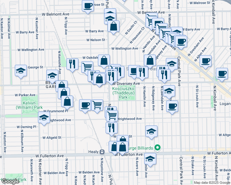 map of restaurants, bars, coffee shops, grocery stores, and more near 2734 North Harding Avenue in Chicago