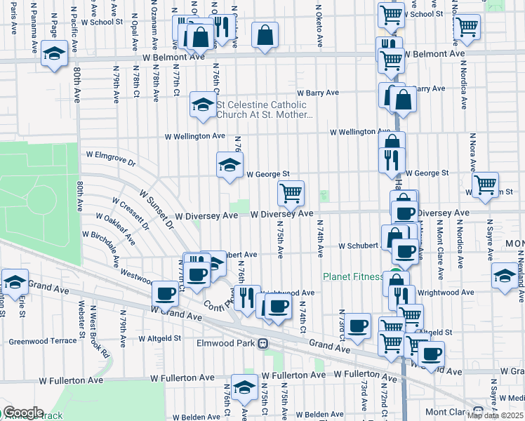map of restaurants, bars, coffee shops, grocery stores, and more near 7514 West Diversey Avenue in Elmwood Park