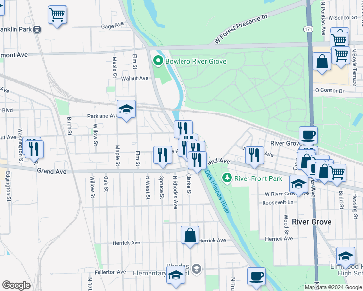 map of restaurants, bars, coffee shops, grocery stores, and more near 2810 River Road in River Grove