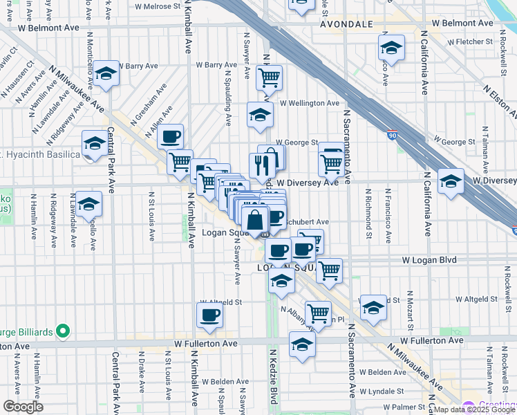 map of restaurants, bars, coffee shops, grocery stores, and more near 2629 North Emmett Street in Chicago