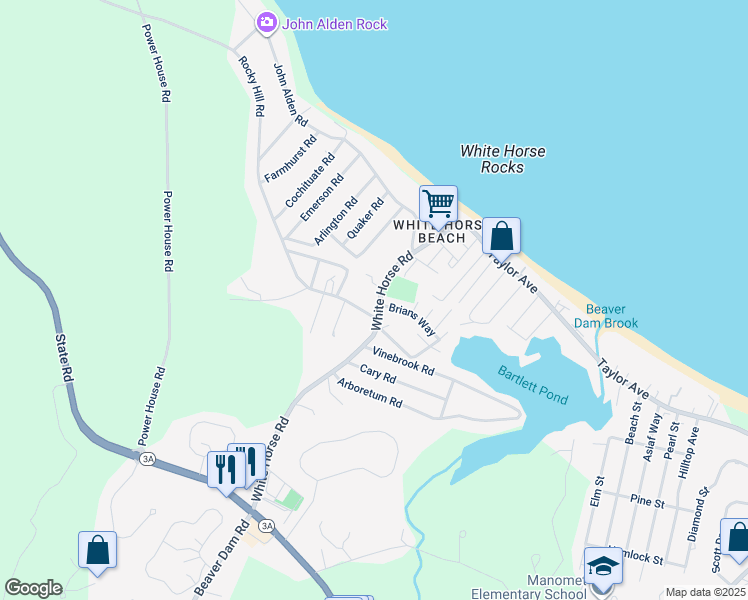 map of restaurants, bars, coffee shops, grocery stores, and more near 86 White Horse Road in Plymouth