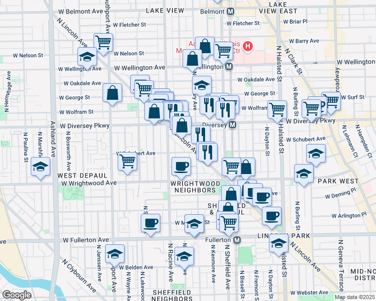 map of restaurants, bars, coffee shops, grocery stores, and more near 2710 North Lincoln Avenue in Chicago