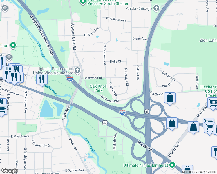 map of restaurants, bars, coffee shops, grocery stores, and more near 170 Oak Mill Street in Addison