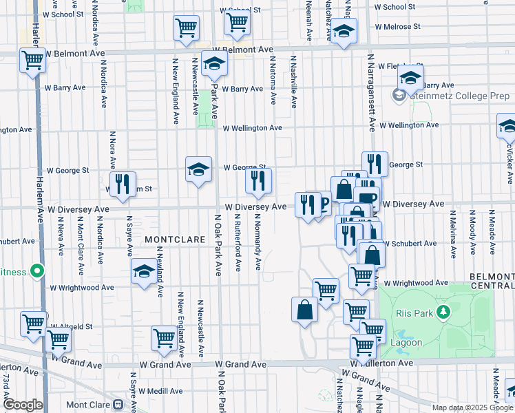map of restaurants, bars, coffee shops, grocery stores, and more near W Diversey Ave & N Normandy Ave in Chicago