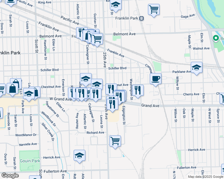 map of restaurants, bars, coffee shops, grocery stores, and more near 2840 Pearl Street in Franklin Park