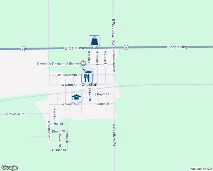 map of restaurants, bars, coffee shops, grocery stores, and more near 304 East North Street in Rochelle