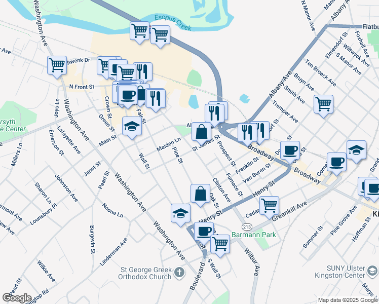 map of restaurants, bars, coffee shops, grocery stores, and more near 74 Saint James Street in Kingston
