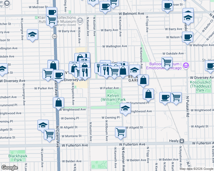 map of restaurants, bars, coffee shops, grocery stores, and more near 4504 West Parker Avenue in Chicago