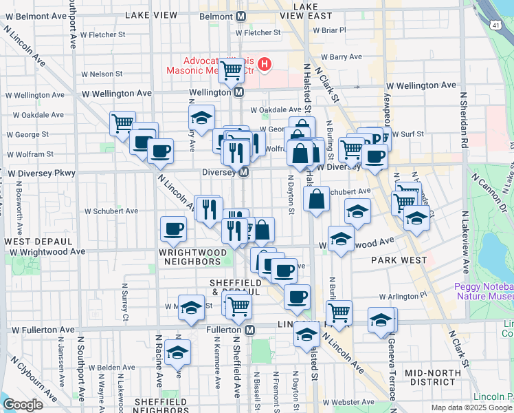 map of restaurants, bars, coffee shops, grocery stores, and more near 922 West Schubert Avenue in Chicago