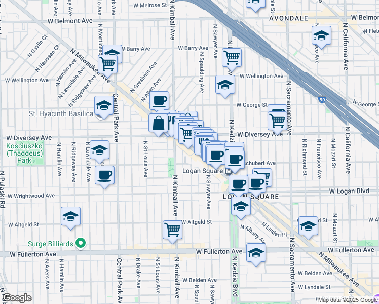map of restaurants, bars, coffee shops, grocery stores, and more near 2746 North Milwaukee Avenue in Chicago