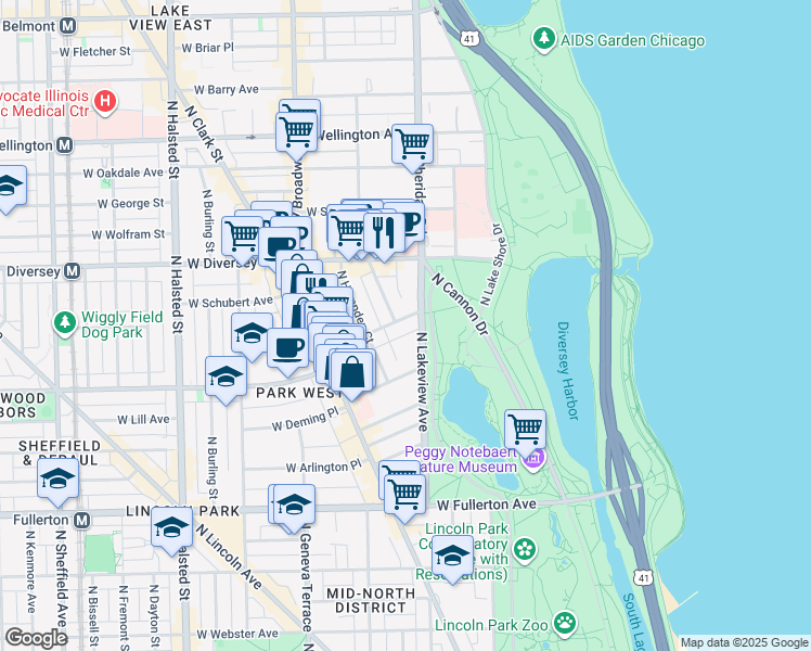 map of restaurants, bars, coffee shops, grocery stores, and more near 2700 North Pine Grove Avenue in Chicago
