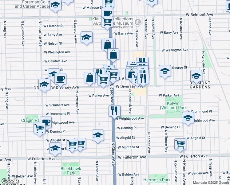 map of restaurants, bars, coffee shops, grocery stores, and more near 4732 West Parker Avenue in Chicago