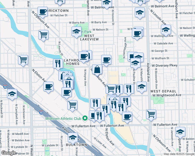 map of restaurants, bars, coffee shops, grocery stores, and more near 2754 North Clybourn Avenue in Chicago