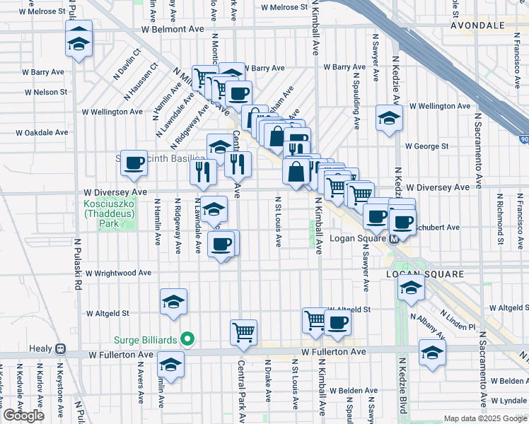 map of restaurants, bars, coffee shops, grocery stores, and more near 2727 North Drake Avenue in Chicago