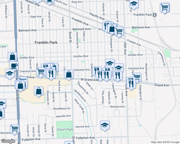 map of restaurants, bars, coffee shops, grocery stores, and more near 2844 Emerson Street in Franklin Park