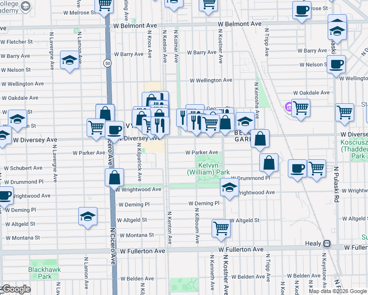 map of restaurants, bars, coffee shops, grocery stores, and more near 4504 West Parker Avenue in Chicago