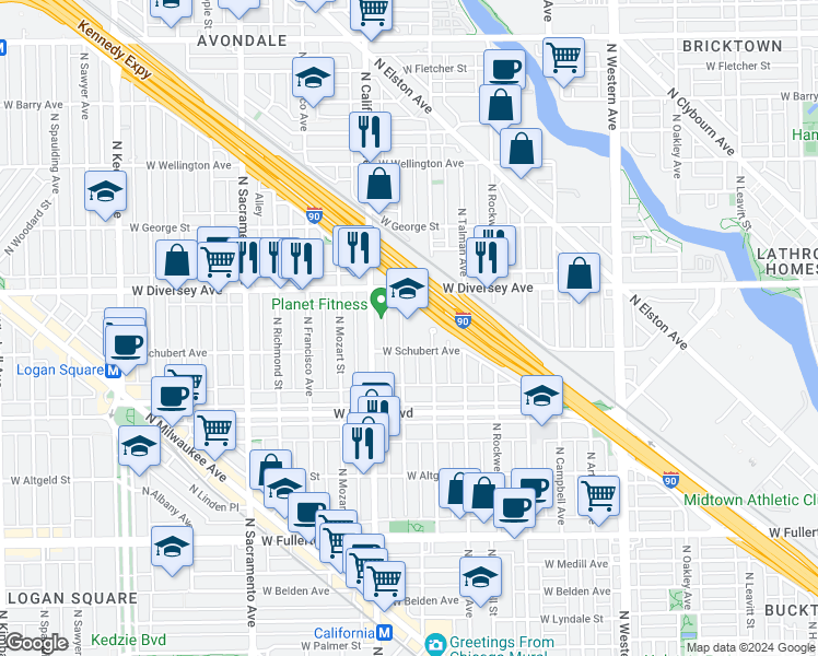 map of restaurants, bars, coffee shops, grocery stores, and more near 2723 North Fairfield Avenue in Chicago