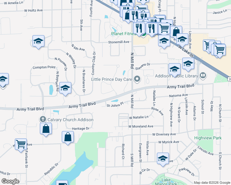map of restaurants, bars, coffee shops, grocery stores, and more near 19W304 Army Trail Boulevard in Addison