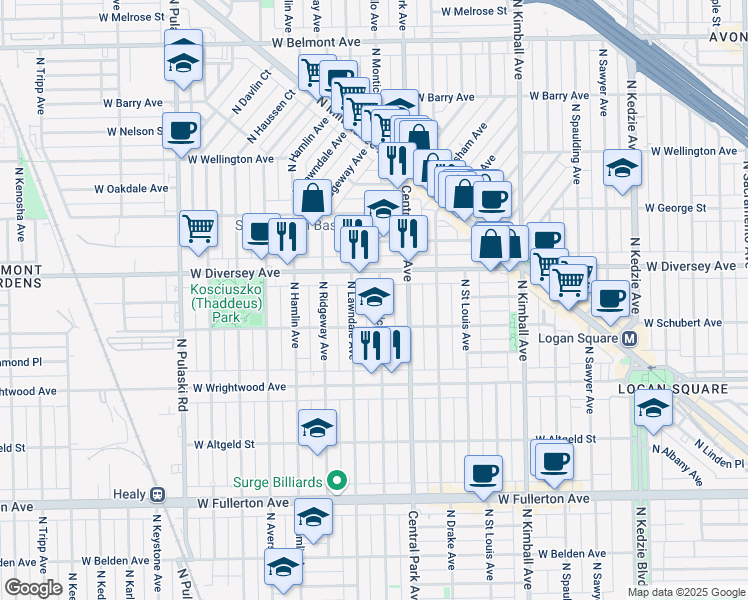 map of restaurants, bars, coffee shops, grocery stores, and more near 2728 North Monticello Avenue in Chicago