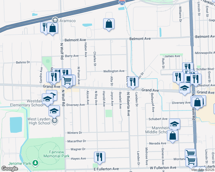 map of restaurants, bars, coffee shops, grocery stores, and more near 10912 West Grand Avenue in Melrose Park