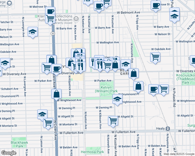 map of restaurants, bars, coffee shops, grocery stores, and more near 4504 W Parker Ave in Chicago
